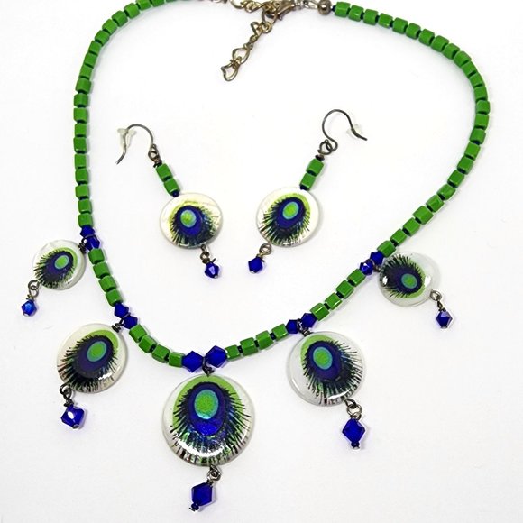 Vintage Peacock Blue Green MOP Handmade One of a Kind Necklace Earrings Set - Picture 1 of 8